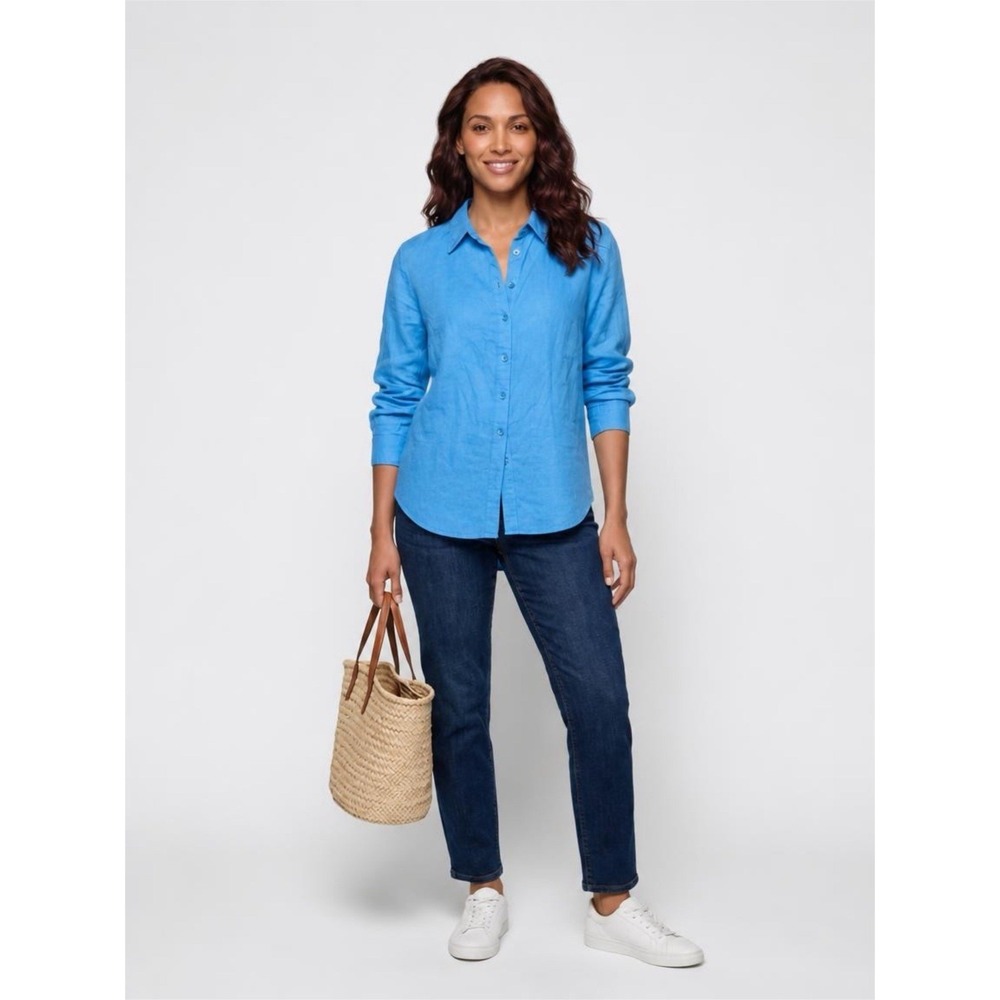 Toni‎ T Womens 2X 100% Linen Button Down Shirt Nautical Preppy Beachy Aqua Blue